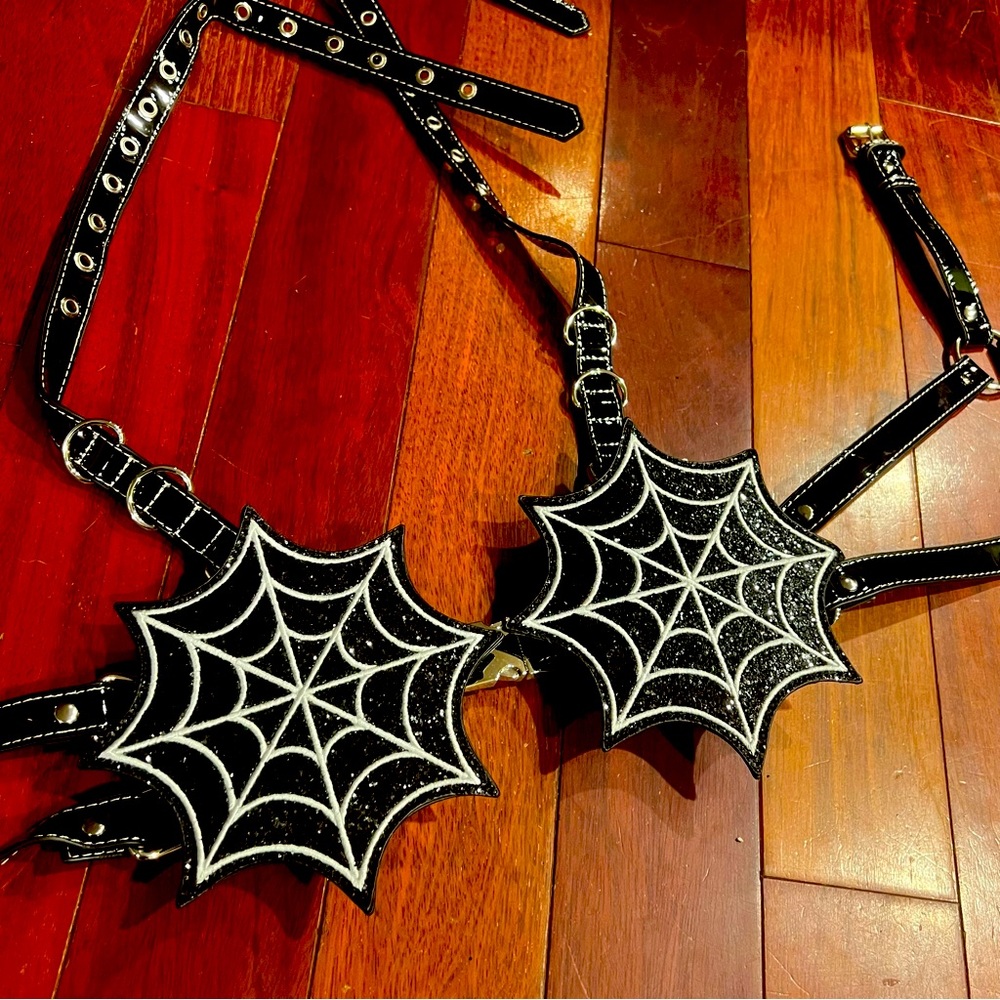 Dolls Kill Trickz n Treatz Spider Web storage harness bra, Halloween festival